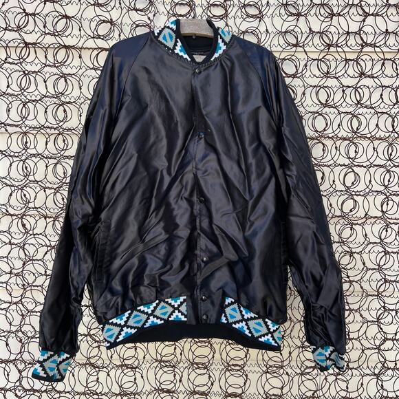 Vintage Black Sheep Black Satin Bomber Jacket Blue Aztec Southwestern XXL - Picture 1 of 6
